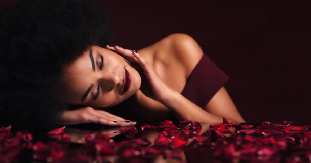 Seksowna, uwodzicielska i czarna kobieta w płatkach róż szukająca miłości dotykającej jej twarzy. Piękno, makijaż i kwiaty, zmysłowa pani z Brazylii. Elegancja, pożądanie i flirt, romans, czerwone usta i róże - Materiał filmowy, wideo