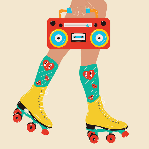 Векторный винтажный конькобежный постер девочки с розовыми коньками и коробочкой. Ручной рисунок роликовых коньков. 80-е, 90-е годы. - Вектор,изображение