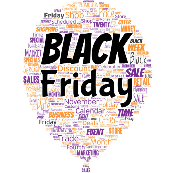 Big wordcloud in the shape of baloon with words black friday. - Vector, Image