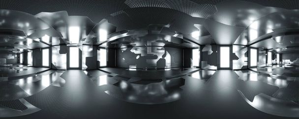 360 μοίρες full panorama περιβάλλον χάρτης άδειου black room studio με μεταλλικά στοιχεία. 3D καθιστούν εικόνα hdri hdr vr εικονική πραγματικότητα τεχνολογία περιεχομένου σύγχρονη εσωτερική αρχιτεκτονική σχεδιασμό - Φωτογραφία, εικόνα