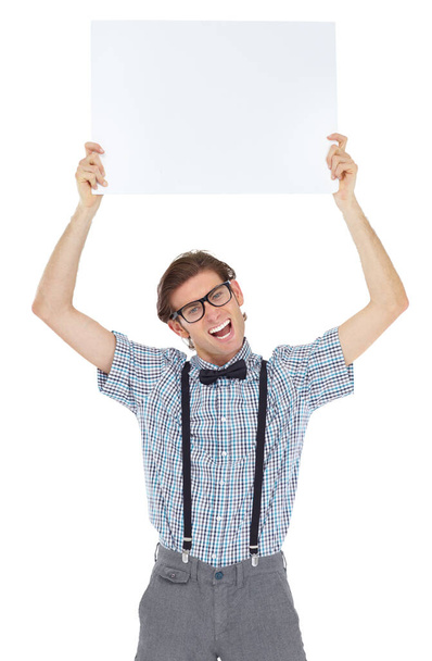 Endorsing your company with excitement. Portrait of an excited young man holding up a blank sign - Foto, afbeelding