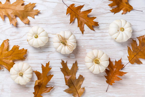 Assortment of pumpkins with autumn leaves on wooden background. Thanksgiving and Halloween concept. - Photo, image