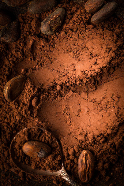 Aromatický kakaový prášek a kakaové boby v hnědém - Fotografie, Obrázek