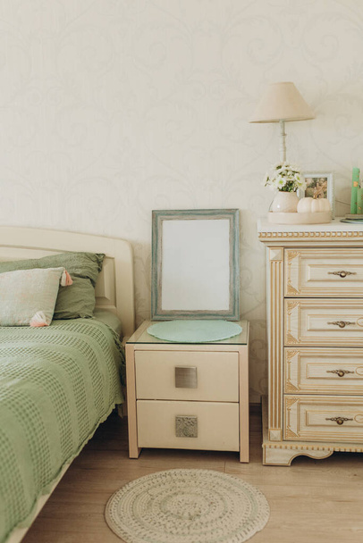 interior of the bedroom in olive tones vintage style - Zdjęcie, obraz