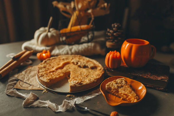 pumpkin pie for holiday dinner, thanksgiving dinner, halloween pie - Photo, image