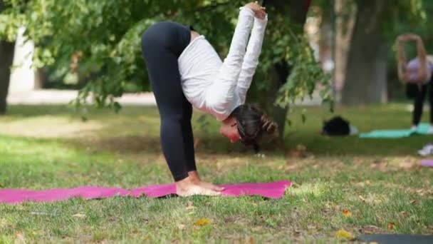 Grupa młodych sportowców ćwiczących lekcję jogi z instruktorem w parku - Materiał filmowy, wideo