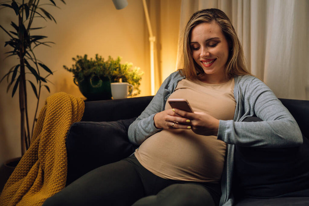 pregnant woman sits on sofa at home and using mobile phone - Fotoğraf, Görsel