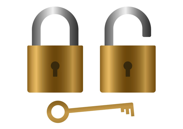 Locked and Unlocked Padlock with key isolated on white background - Vector, Image