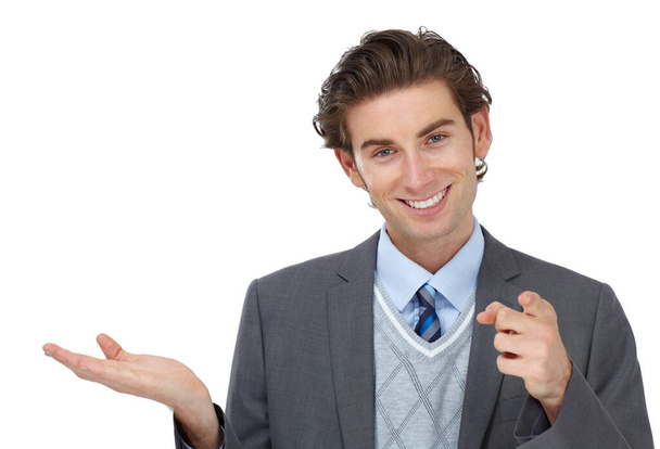 This product is just for you. A young businessman pointing at you while presenting a product - isolated - Photo, Image