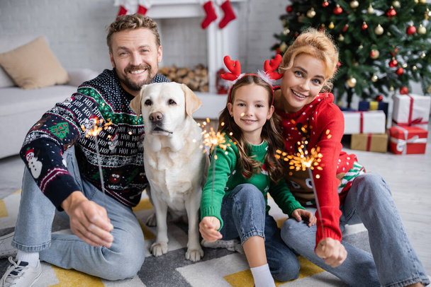 Famille joyeuse tenant des étincelles près du labrador pendant la célébration de Noël à la maison  - Photo, image