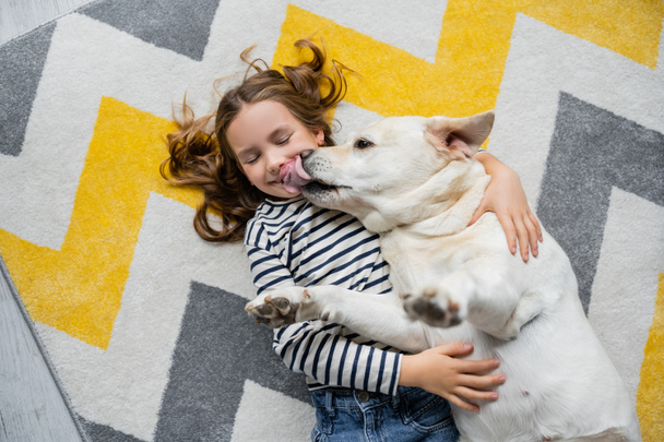 Top view of labrador licking face of cheerful kid on floor at home  - Photo, Image