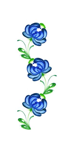 acuarela ilustración floral de flores y brotes azules, aislados en blanco. petrykivka folk. Ucrania. Arte ucraniano - Foto, imagen