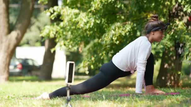 Estilo de vida desportivo saudável. Atlético jovem mulher em fazer exercício de fitness no parque - Filmagem, Vídeo