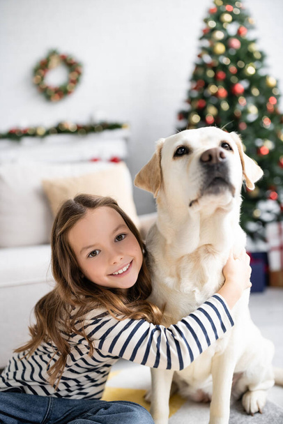 Girl smiling at camera while hugging labrador near blurred christmas tree at home  - 写真・画像