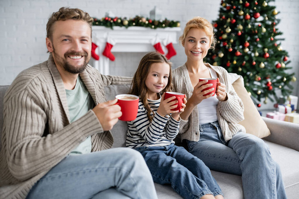 Χαμογελώντας οικογένεια κρατώντας κύπελλα με κακάο κατά τη διάρκεια των Χριστουγέννων στο σπίτι  - Φωτογραφία, εικόνα