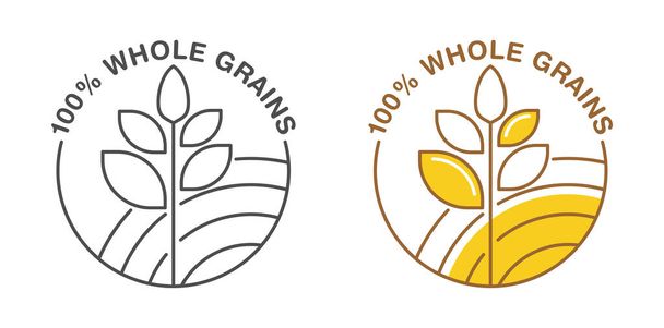 100 pour cent Malade de grains entiers pour les céréales, l'étiquetage alimentaire sain et diététique. Cercle jaune avec pointes vectorielles - Vecteur, image