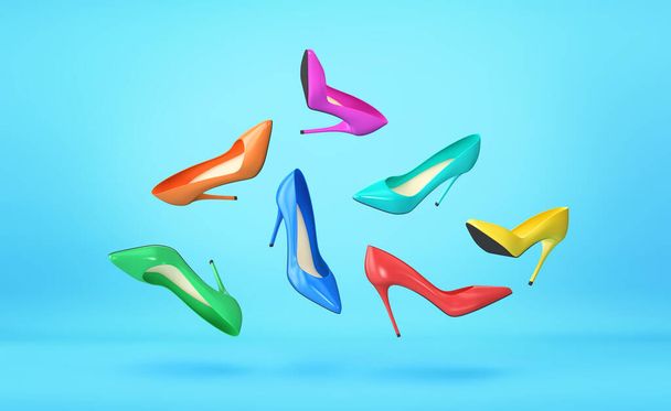 High heels in different colors flying over blue background. Fashion concept. 3D rendering - Photo, Image