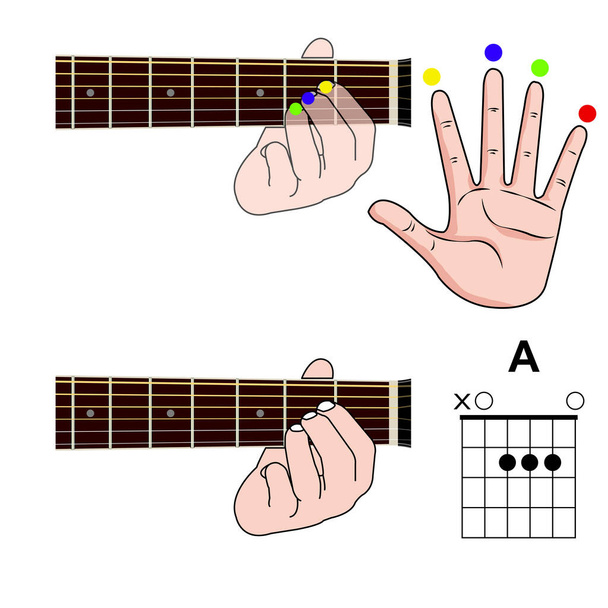 Acorde de guitarra Básico y posición de la mano para el vector de acorde de guitarra. Acordes de estilo libre - Vector, imagen