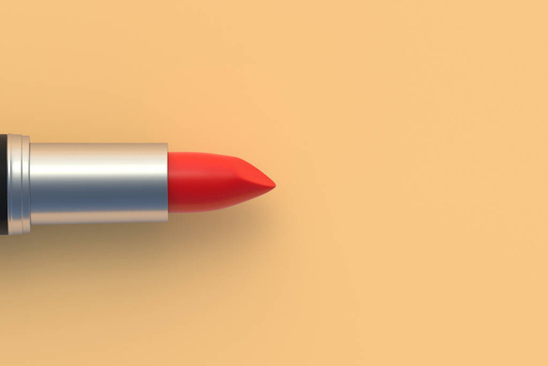 One red lipstick. Cosmetic accessories. Make-up tools. Top view. Copy space. 3d render - Photo, Image