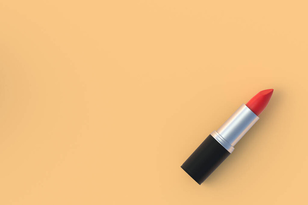 One red lipstick on beige background. Cosmetic accessories. Make-up tools. Top view. Copy space. 3d render - Foto, Imagen