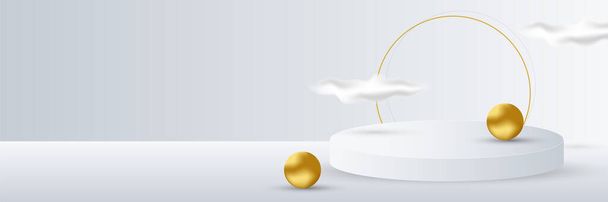 Абстрактна біла та золота сфери та порожній сценічний банерний фон. Сучасна абстрактна форма білий золотий фон зі світлим і тіньовим 3D шаром для презентаційного дизайну
. - Вектор, зображення