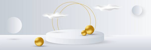 Abstract white and gold sphere and empty podium stage banner background. Modern abstract shape white gold background with light and shadow 3D layered for presentation design. - Вектор, зображення