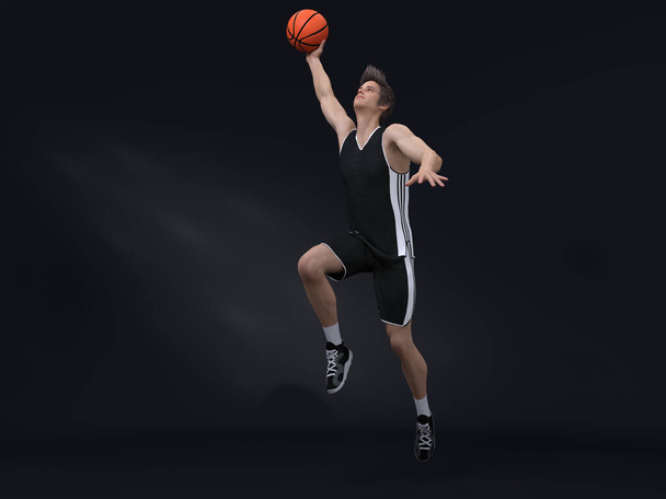 3D render : action shot of  male basketball player in motion with studio background, - Foto, afbeelding