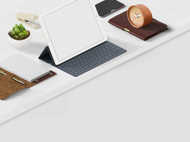 Tablet with keyboard and office items on a wooden desk, 3d Illustration, 3d Rendering - Zdjęcie, obraz