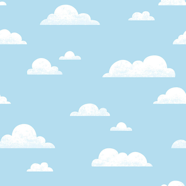 Seamless pattern with blue sky and clouds. Hand drawn vector background. Nursery decor. Texture for print. - Vettoriali, immagini