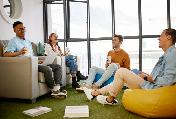 Creative, studying and students meeting for project collaboration, teamwork or research planning in university workspace. Design, creativity and relax gen z group of people in college work discussion. - Foto, Imagen