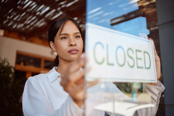 Restaurant small business, closed sign and waiter woman at local coffee shop startup finish service. Hospitality Mexico girl waitress manager, glass door and cafe store entrance notice announcement. - Photo, Image