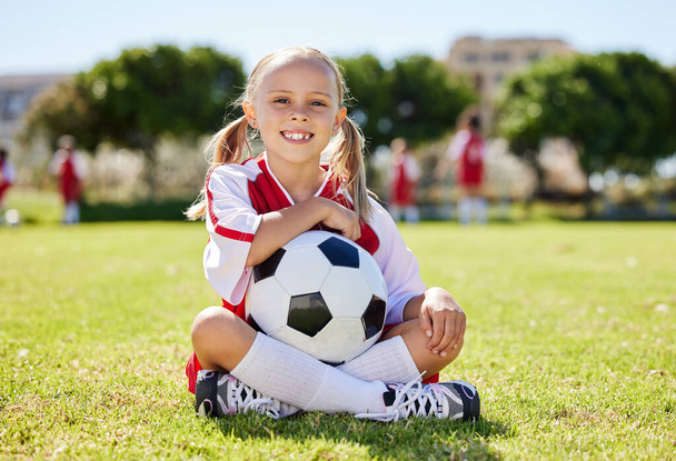 Soccer ball, sports girl and field sitting, training for youth competition match playing at stadium grass. Portrait, young athlete or player enjoy youth football world cup championship game at club. - Zdjęcie, obraz