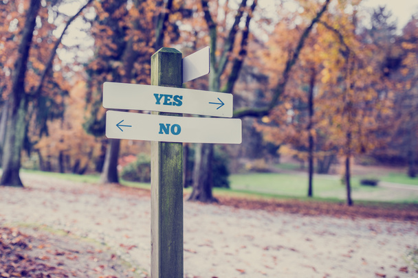 Rustic wooden sign with the words Yes - No - Photo, Image