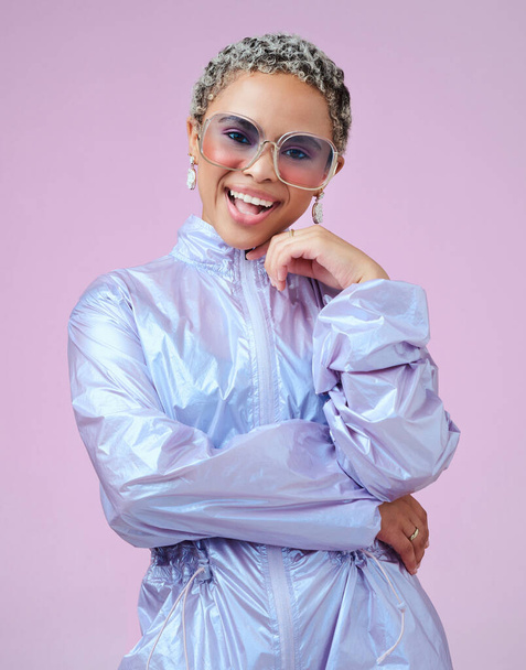 Black woman, fashion and sunglasses in jacket on purple background in studio mockup space advertising and marketing. Gen z girl, happy and model with retro vaporwave or hipster style portrait mockup. - Photo, Image