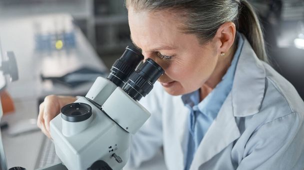 Tudomány, kutatás és mikroszkóp egy női mérnökkel, aki az innovációval és fejlesztéssel foglalkozó laboratóriumában dolgozik. Analitika, jövő és minta egy tudóssal a munkahelyén, DNS-sel vagy RNS-sel a laborjában. - Fotó, kép