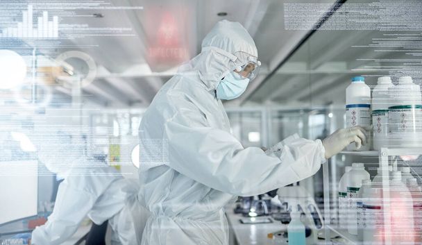 Science, research and covid with an engineer working in a medical lab for innovation and development with overlay. Analytics, medicine and futuristic with a hazmat scientist at work in a laboratory. - Foto, afbeelding