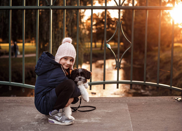 Kind mit einem Welpen. Kleines Mädchen mit einem Shih-Tzu-Welpen auf dem Arm im Herbstpark - Foto, Bild