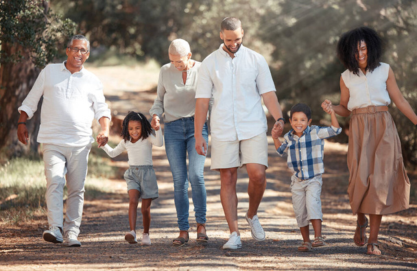Generation big family walking garden park in summer, travel and freedom in South Africa outdoors. Happy, smile and carefree grandparents, parents and kids relax, bond and enjoy sunny holiday together. - Foto, Imagen