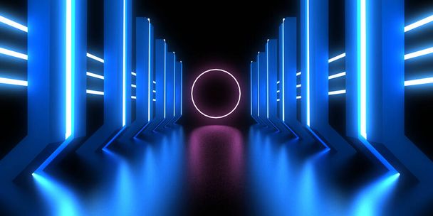 Üç boyutlu soyut arkaplan ve neon ışıkları. Neon tüneli. Uzay inşaatı. 3d illüstrasyon - Fotoğraf, Görsel
