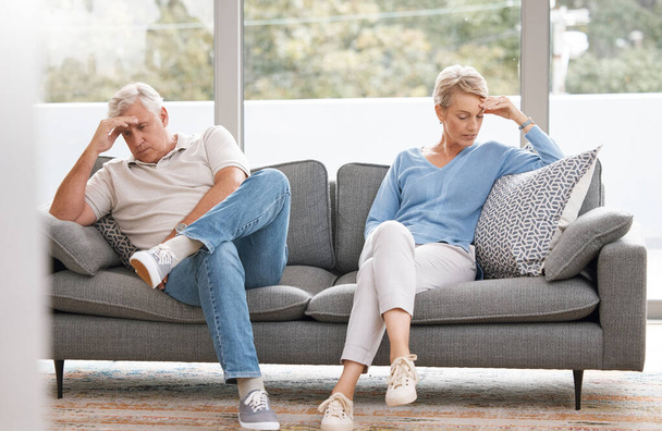 Retirement couple, ignore and fight for divorce with marriage cheating revelation shock. Sad elderly people in relationship conflict break up with secret confession, stress and trust issue in home. - Foto, Bild
