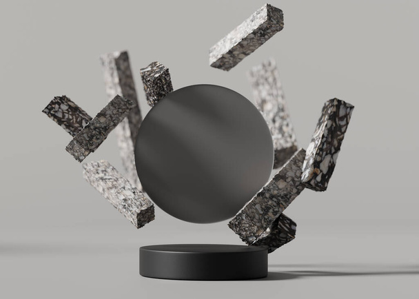 3D podium display on gray, background. Nature stone Flying. circle backdrop. Bright cosmetic, beauty product promotion pedestal with shadow. Black showcase . Abstract minimal studio 3D render mockup - Foto, Imagen