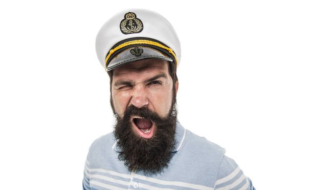 Winking sailor copy space. Bearded sailor isolated on white. Navy and marine. Sea adventures concept. Sailor or seaman with long beard and mustache. Work as sailor. Professional mariner. Sea food. - Foto, imagen