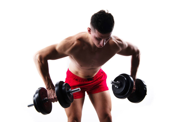 sport exercise in studio. sport man with barbells. biceps and triceps sport exercise. man do sport exercise for biceps and triceps isolated on white background. man has strong biceps and triceps. - Photo, Image