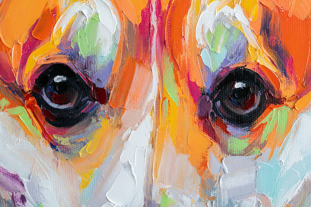 Oil dog portrait painting in multicolored tones. Closeup of a painting by oil and palette knife on canvas. Conceptual abstract painting of a welsh corgi pembroke muzzle.  - Photo, Image