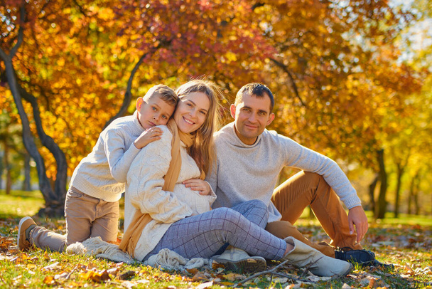 Mladá rodina, rodiče se synem odpočívají, sedí v podzimním slunném parku, šťastní, usmívají se spolu. - Fotografie, Obrázek