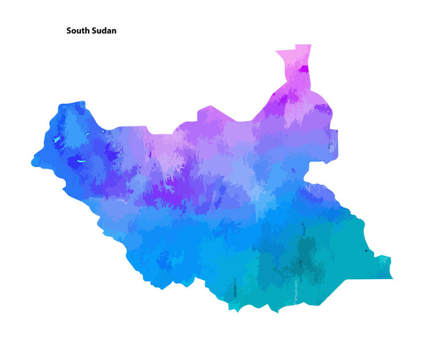 Farbenfrohes Aquarell-Kartendesign des Südsudan isoliert auf weißem Hintergrund - Vektorillustration - Vektor, Bild