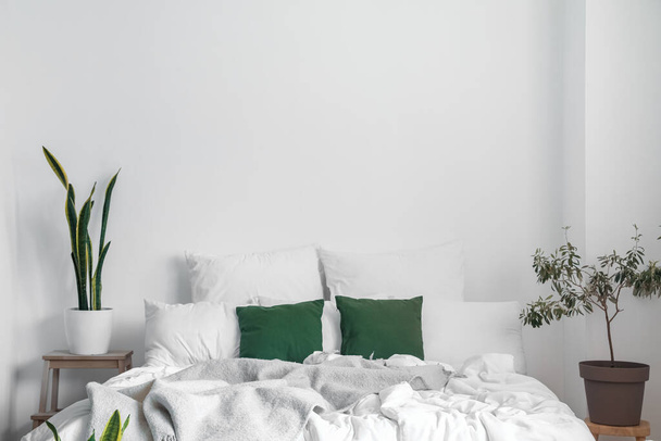 Sisätilojen valoisa huone iso sänky ja huonekasvit - Valokuva, kuva