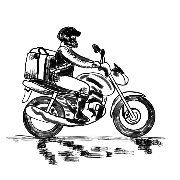 Illustration dessinée à la main du livreur de nourriture sur moto. Ligne noire design monochrome en forme d'encre silhouette contour, dessin minimaliste croquis - Photo, image