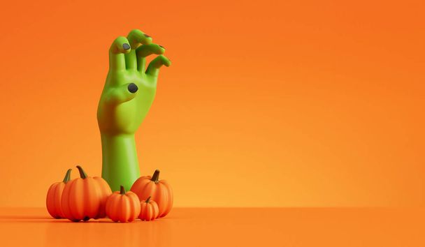 Halloween zombie monster hand reaching out from pumpkins. Halloween background. 3D Rendering. - 写真・画像