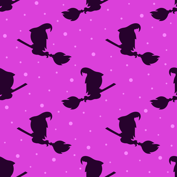 halloween seamless pattern with witch is flying on broom, silhouette of flying witch on pink background, vector illustration in flat style - Vektor, Bild